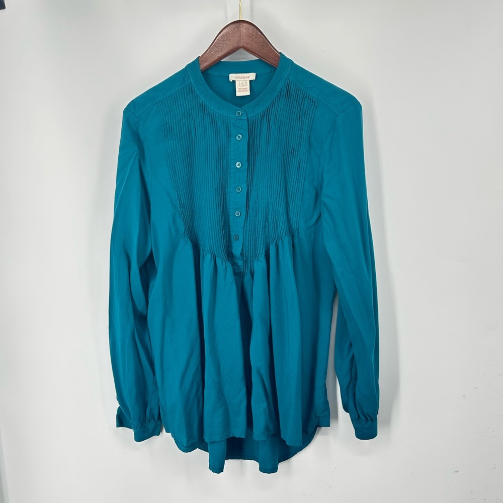 Sundance Teal Pleated Button-Up Top